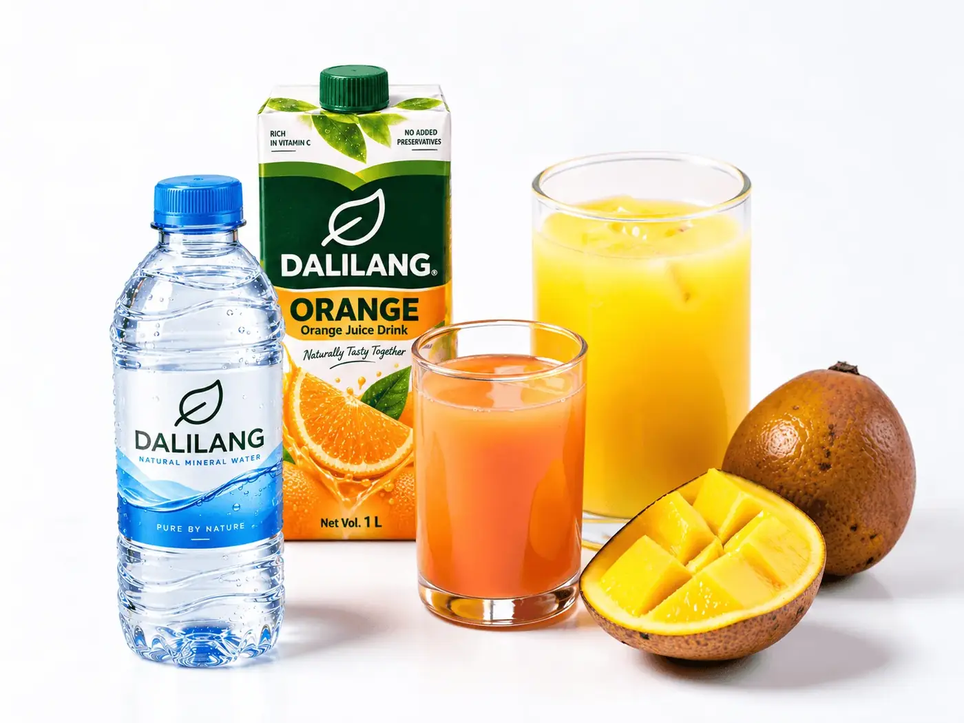 Dalilang mineral water, orange juice and fruit drinks