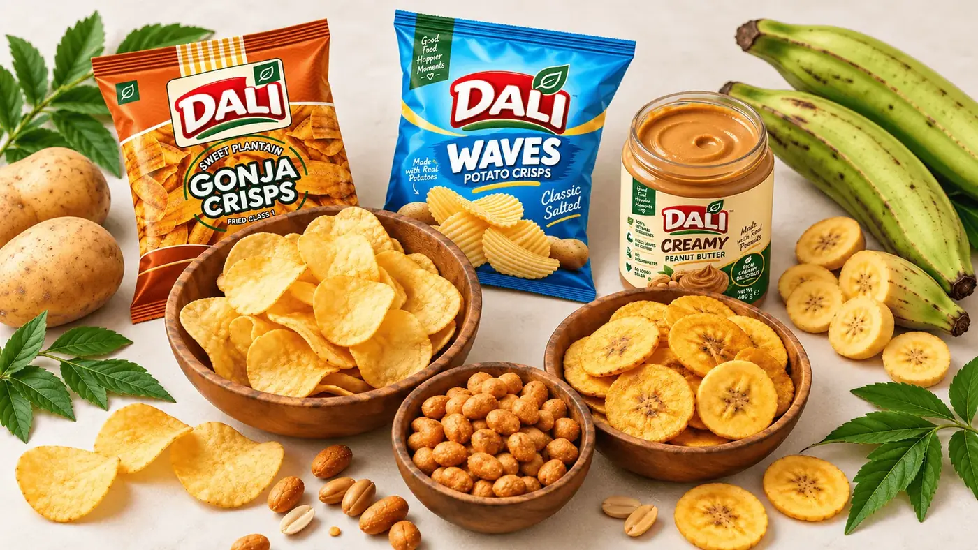 Dali potato crisps, gonja crisps, coated peanuts and creamy peanut butter