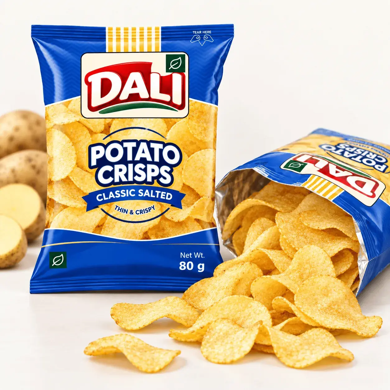 Golden Dalilang potato crisps on a white surface