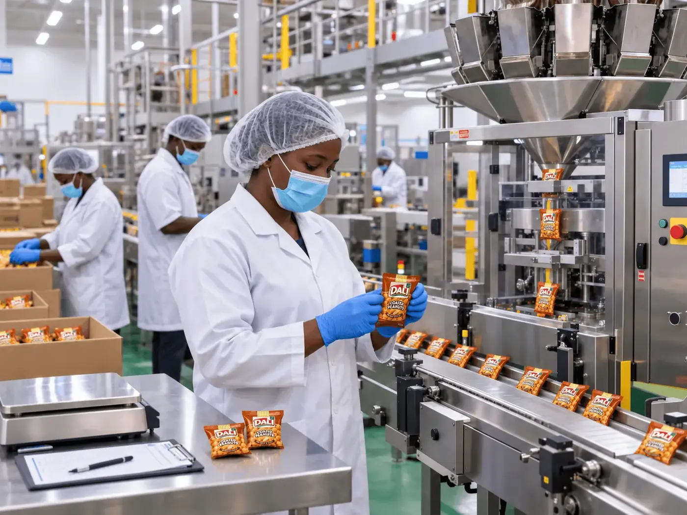 Staff in protective clothing working on a hygienic production line