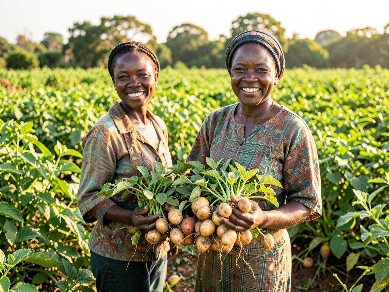 Smiling Ugandan farmers holding freshly harvested potatoes in a green field