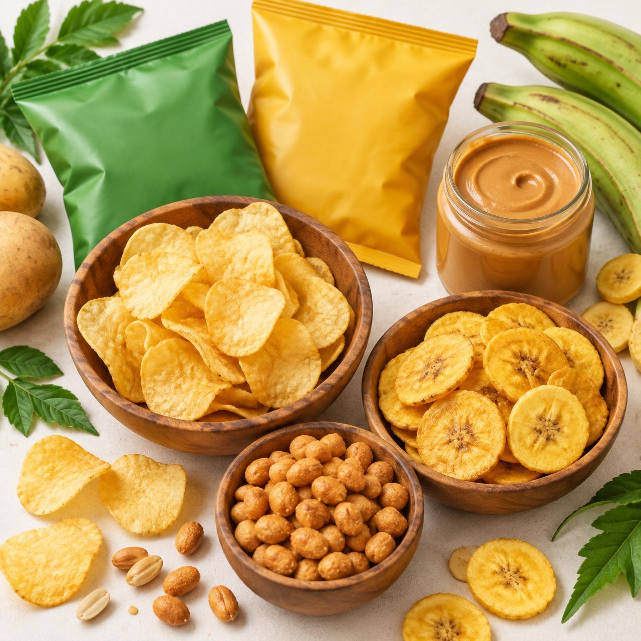 Bowls of Ugandan potato crisps, gonja chips, coated peanuts and a jar of peanut butter